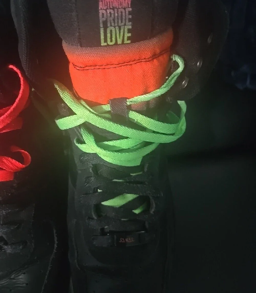 Mens Black High-Top Sneakers with Neon Orange & Neon Green Accents